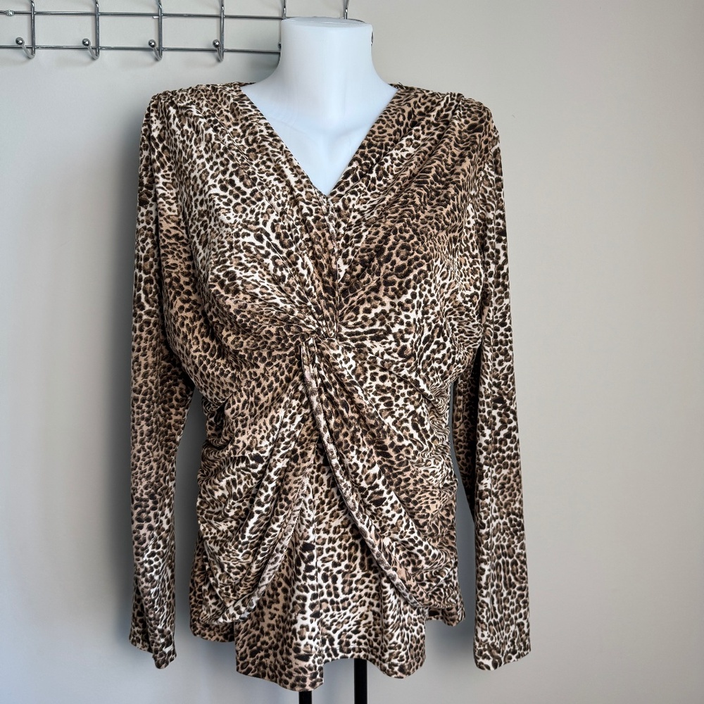 Milano Women's Long Sleeve Pullover Leopard Print Ruched Blouse X-Large Stretch